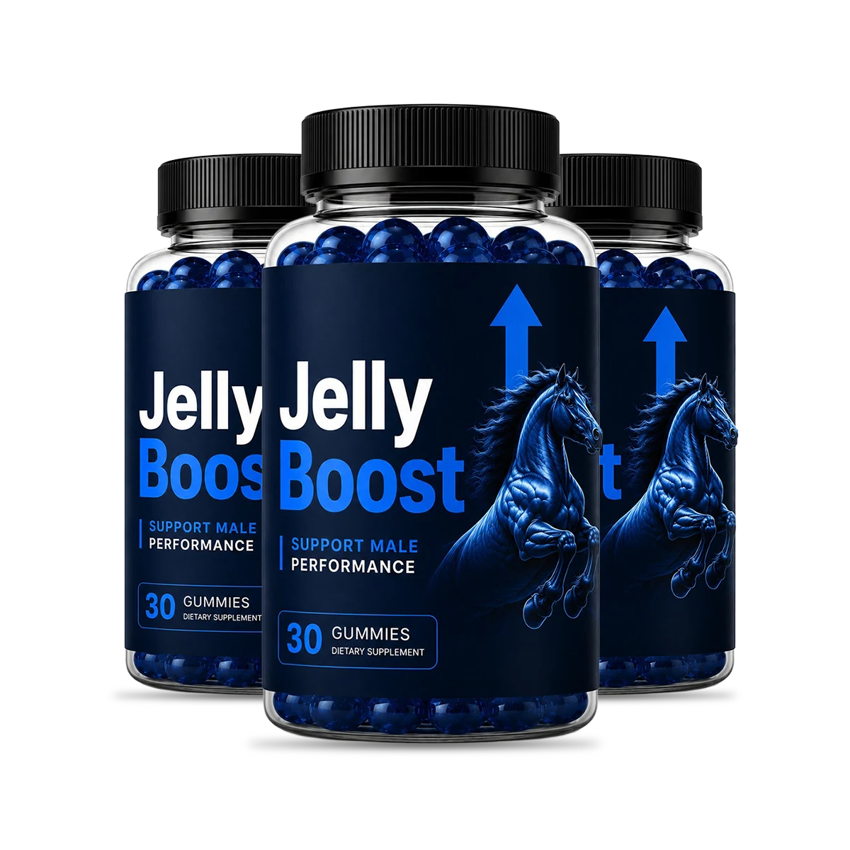 Three bottles of JellyBoost® gummies, the daily male performance supplement